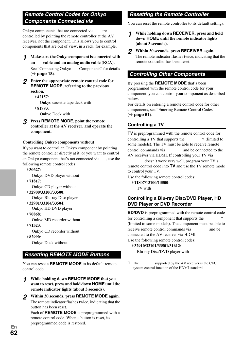 Resetting remote mode buttons, Resetting the remote controller, Controlling other components | Remote control codes for onkyo components, Connected via | Onkyo Network A/V Receiver HT-R690 User Manual | Page 62 / 84
