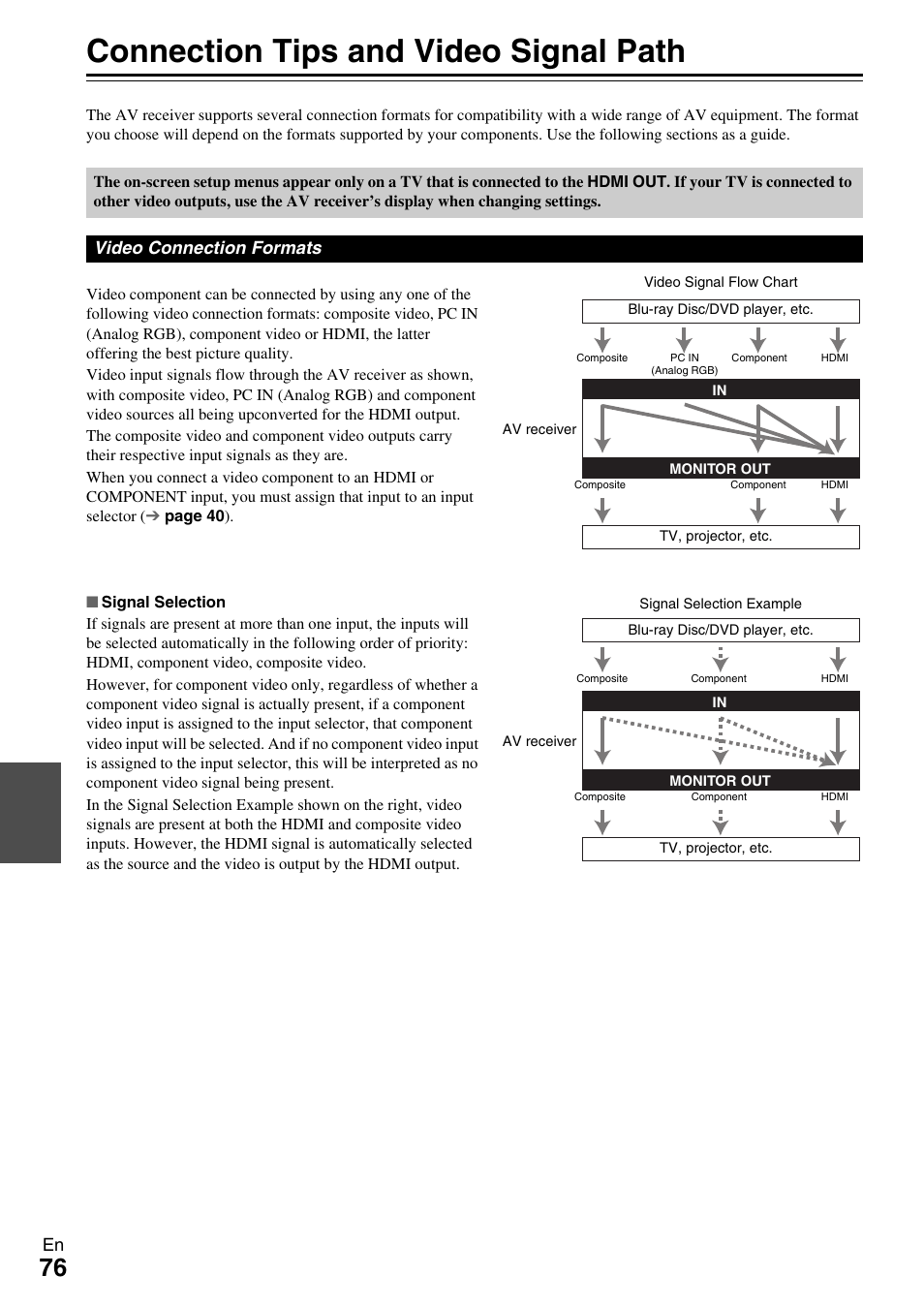 Connection tips and video signal path, Video, Connection formats” for mo | Video connection formats | Onkyo Network A/V Receiver HT-R690 User Manual | Page 76 / 84