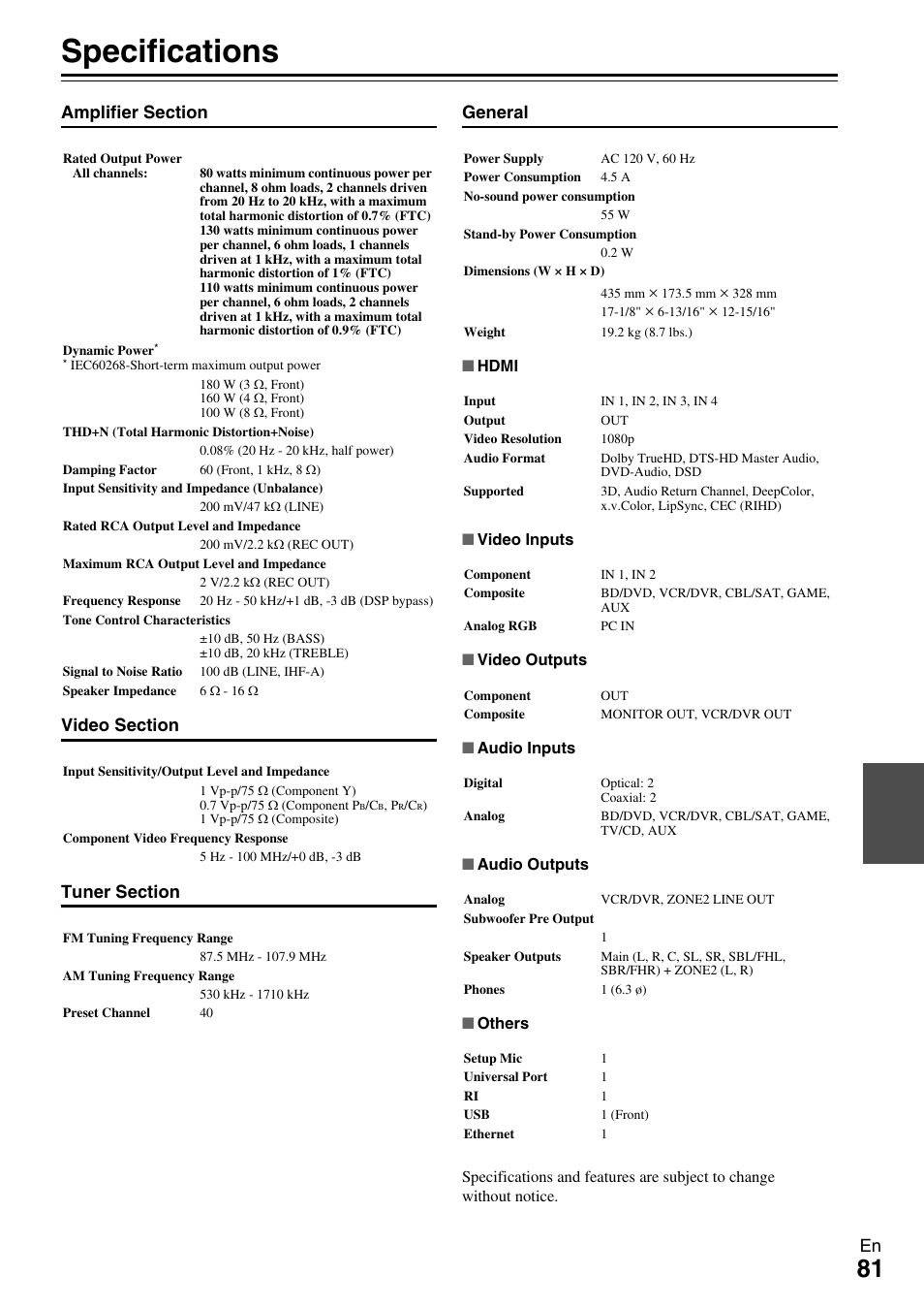 Specifications | Onkyo Network A/V Receiver HT-R690 User Manual | Page 81 / 84