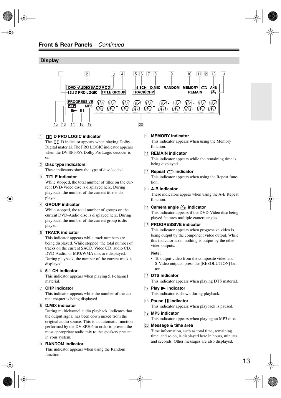 Display, Front & rear panels —continued | Onkyo DV-SP506 User Manual | Page 13 / 68
