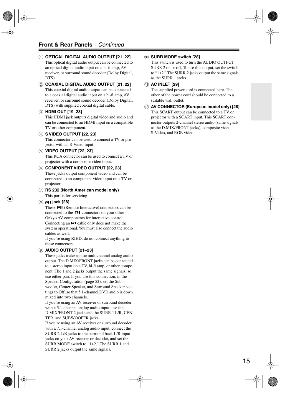 Front & rear panels —continued | Onkyo DV-SP506 User Manual | Page 15 / 68