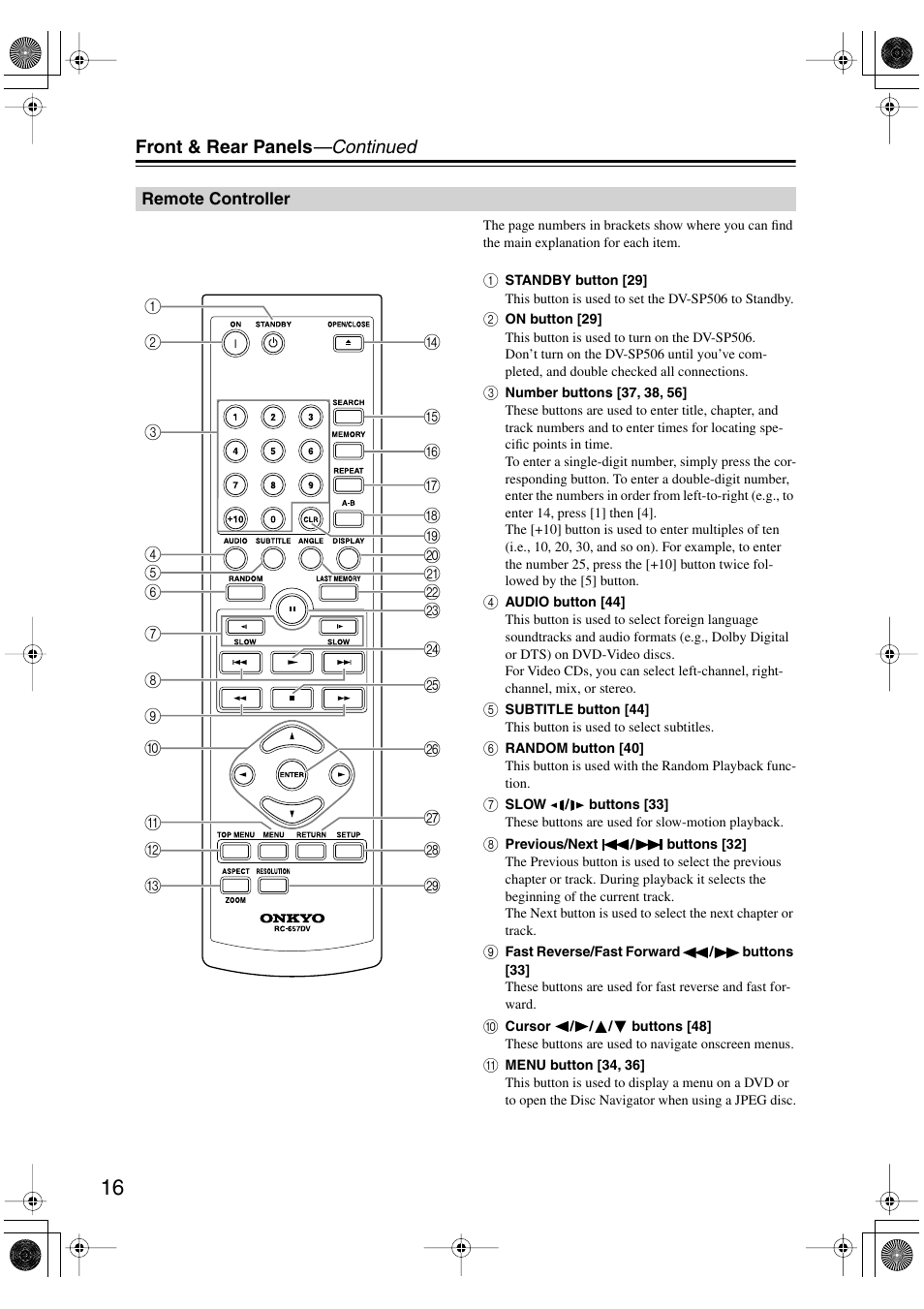 Remote controller, Front & rear panels —continued | Onkyo DV-SP506 User Manual | Page 16 / 68