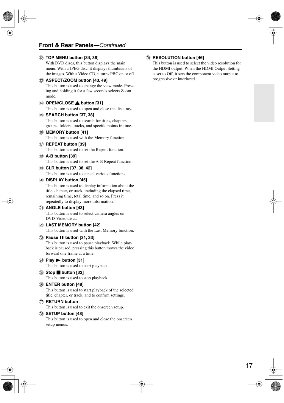 Front & rear panels —continued | Onkyo DV-SP506 User Manual | Page 17 / 68