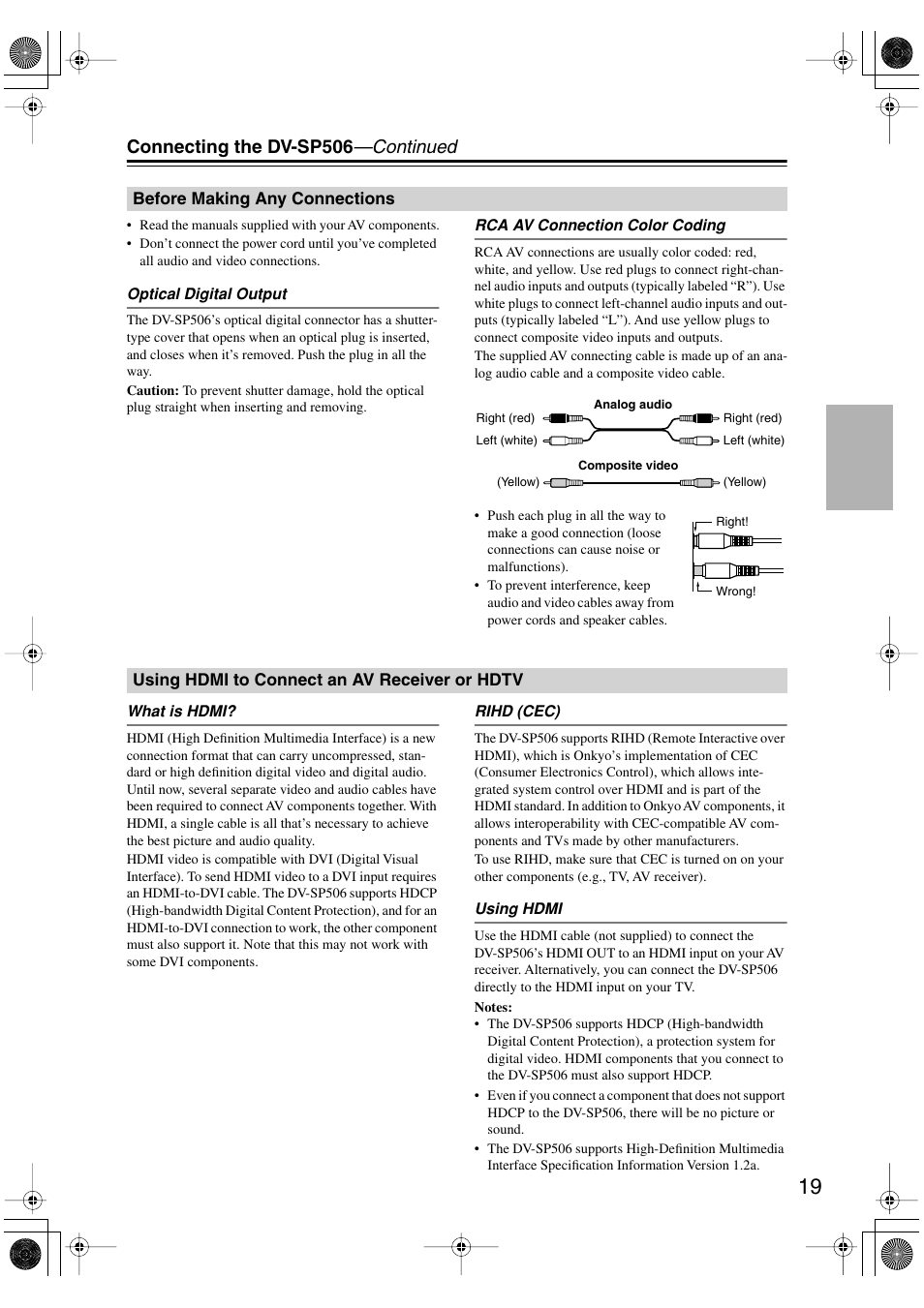 Before making any connections, Using hdmi to connect an av receiver or hdtv, Or hdtv | Hdmi out [19–23, Connecting the dv-sp506 —continued | Onkyo DV-SP506 User Manual | Page 19 / 68