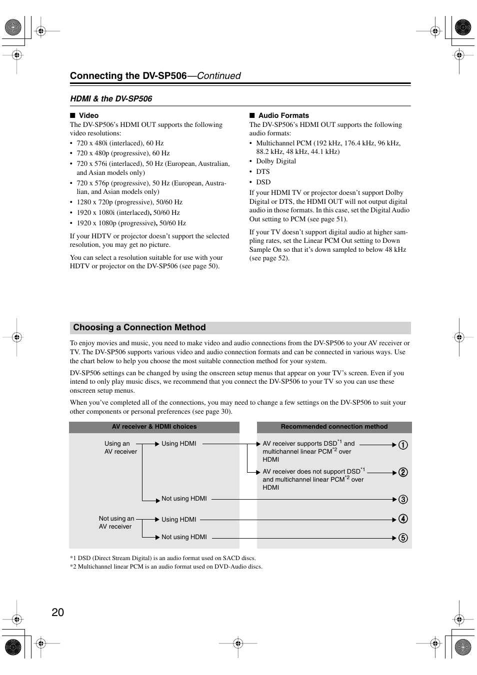 Choosing a connection method, Connecting the dv-sp506 —continued | Onkyo DV-SP506 User Manual | Page 20 / 68