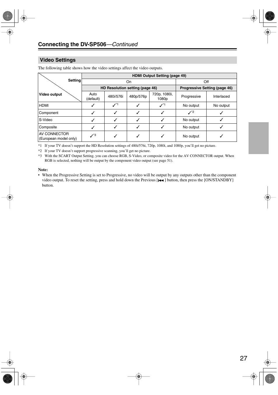 Video settings, Connecting the dv-sp506 —continued | Onkyo DV-SP506 User Manual | Page 27 / 68