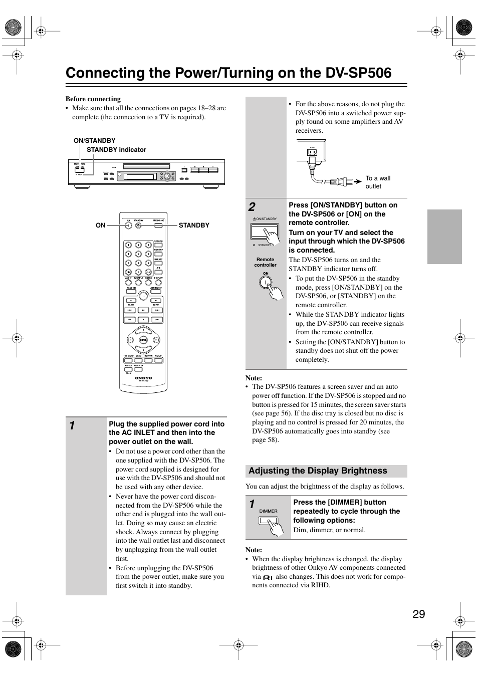 Connecting the power/turning on the dvsp506, Adjusting the display brightness, Connecting the power/turning | On the dv-sp506 adjusting the display brightness, Utton [29, Andby indicator [29, Inlet [29, Connecting the power/turning on the dv-sp506 | Onkyo DV-SP506 User Manual | Page 29 / 68