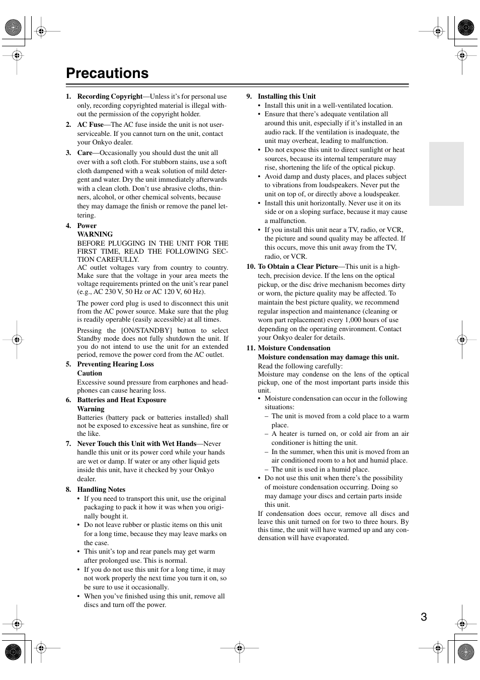 Precautions | Onkyo DV-SP506 User Manual | Page 3 / 68