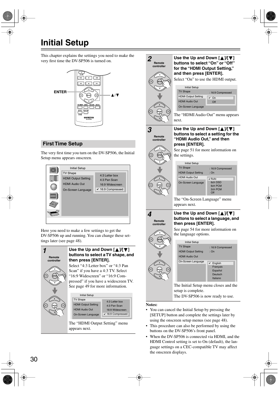 Initial setup, First time setup, Getting started and setting up | Onkyo DV-SP506 User Manual | Page 30 / 68