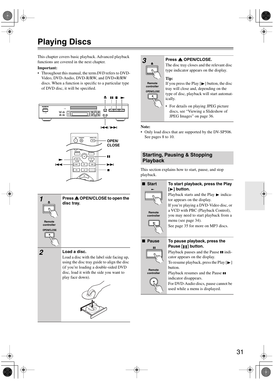 Playing discs, Starting, pausing & stopping playback, Basic playback | Y [31, Utton [31 | Onkyo DV-SP506 User Manual | Page 31 / 68