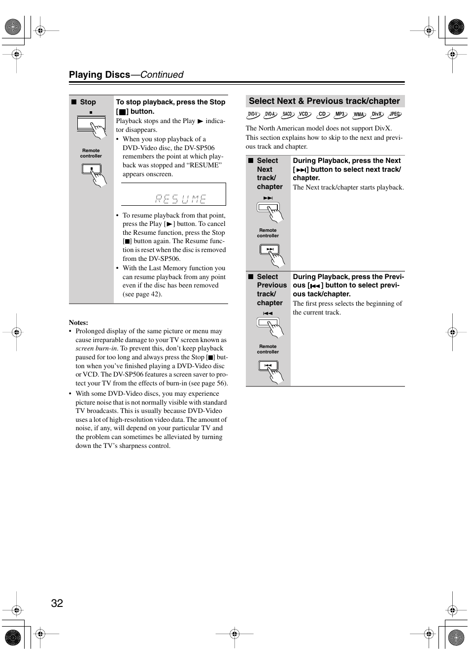Select next & previous track/chapter, Utton [32, Uttons [32 | Playing discs —continued | Onkyo DV-SP506 User Manual | Page 32 / 68