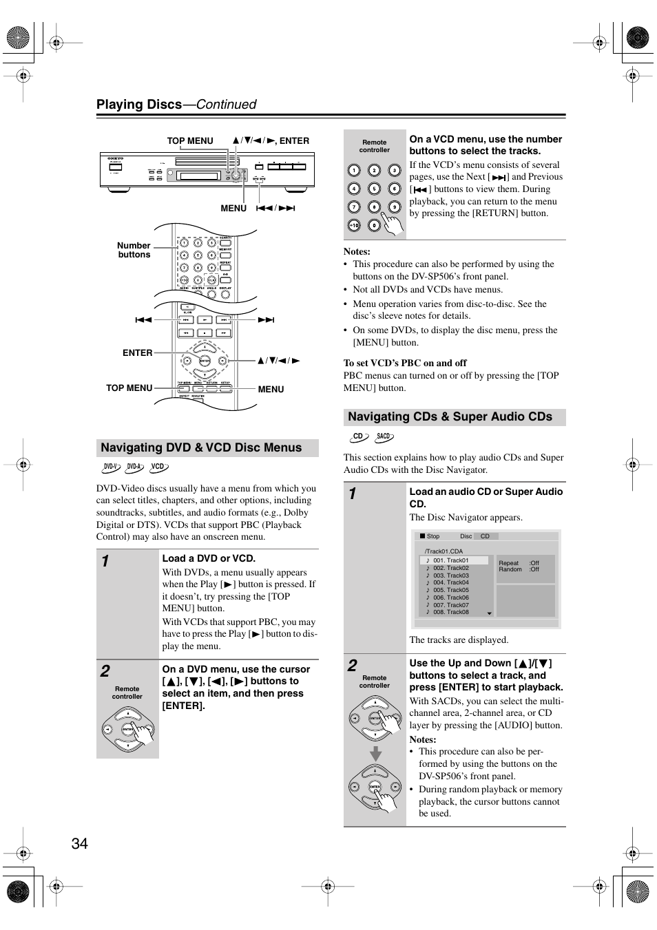 Navigating dvd & vcd disc menus, Navigating cds & super audio cds, Utton [34 | Playing discs —continued | Onkyo DV-SP506 User Manual | Page 34 / 68