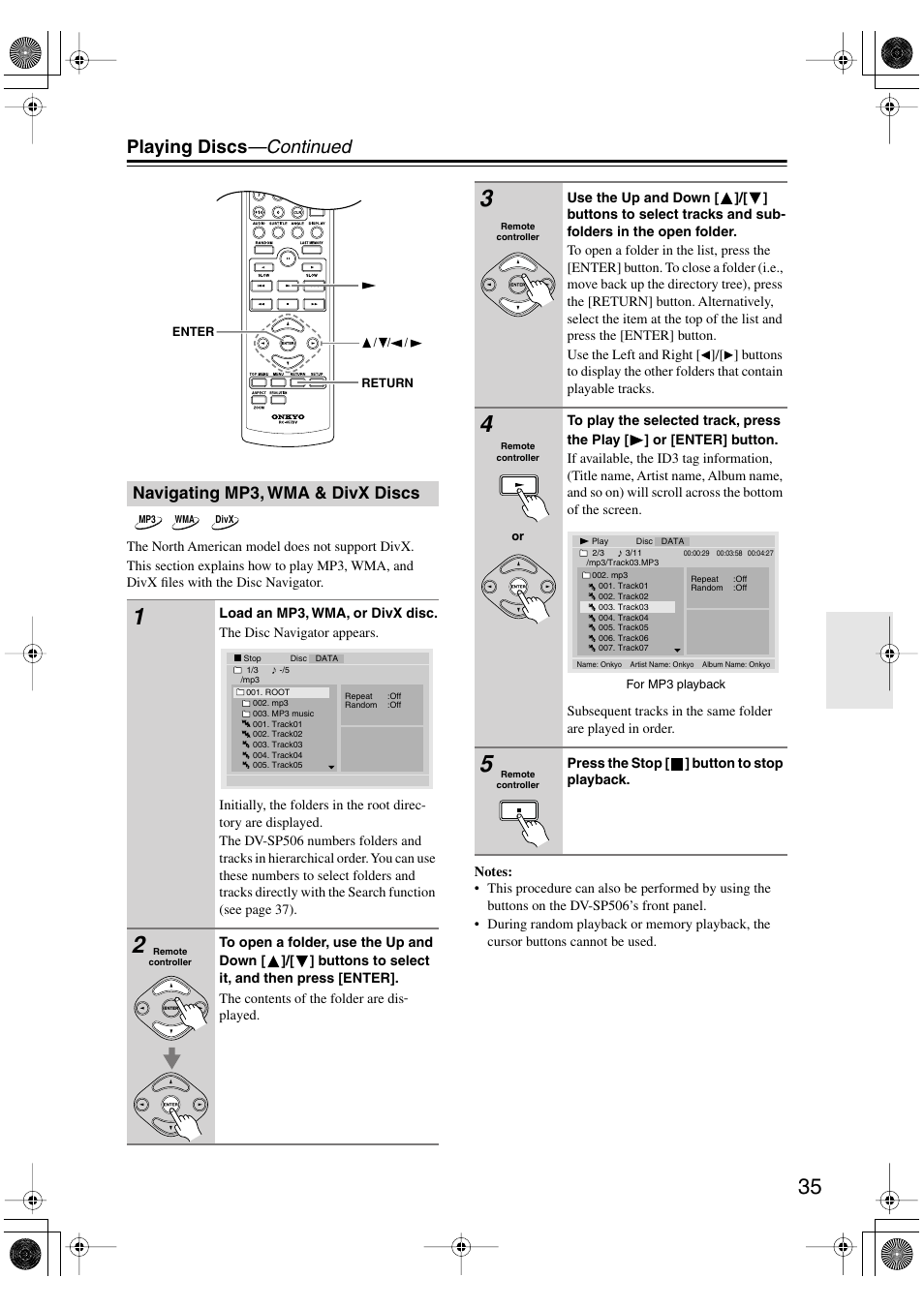 Navigating mp3, wma & divx discs, Playing discs —continued | Onkyo DV-SP506 User Manual | Page 35 / 68