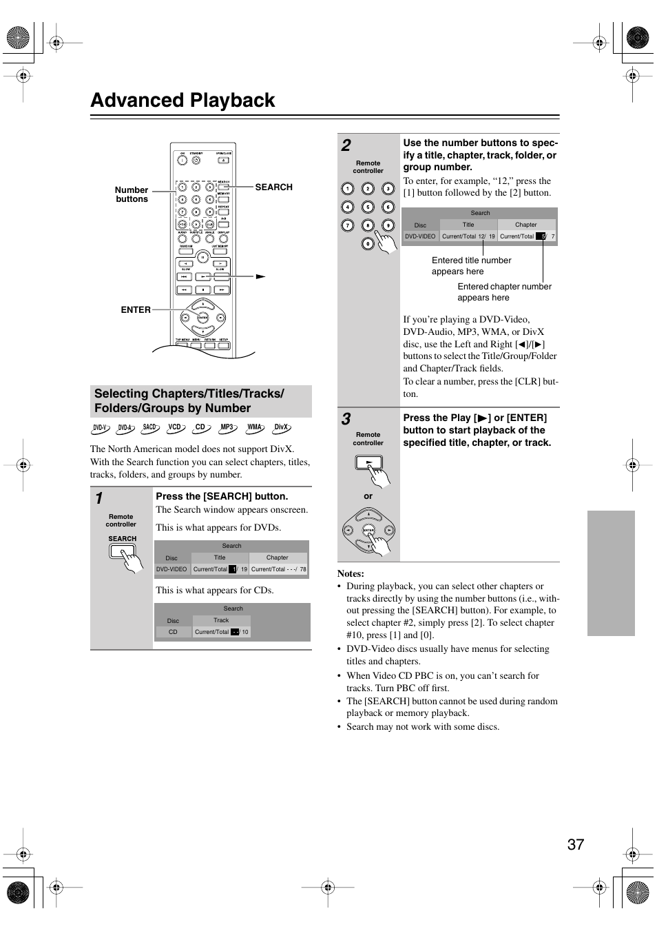 Advanced playback, Playback techniques, Selecting chapters/titles/tracks | Folders/groups by number, Uttons [37, Utton [37 | Onkyo DV-SP506 User Manual | Page 37 / 68
