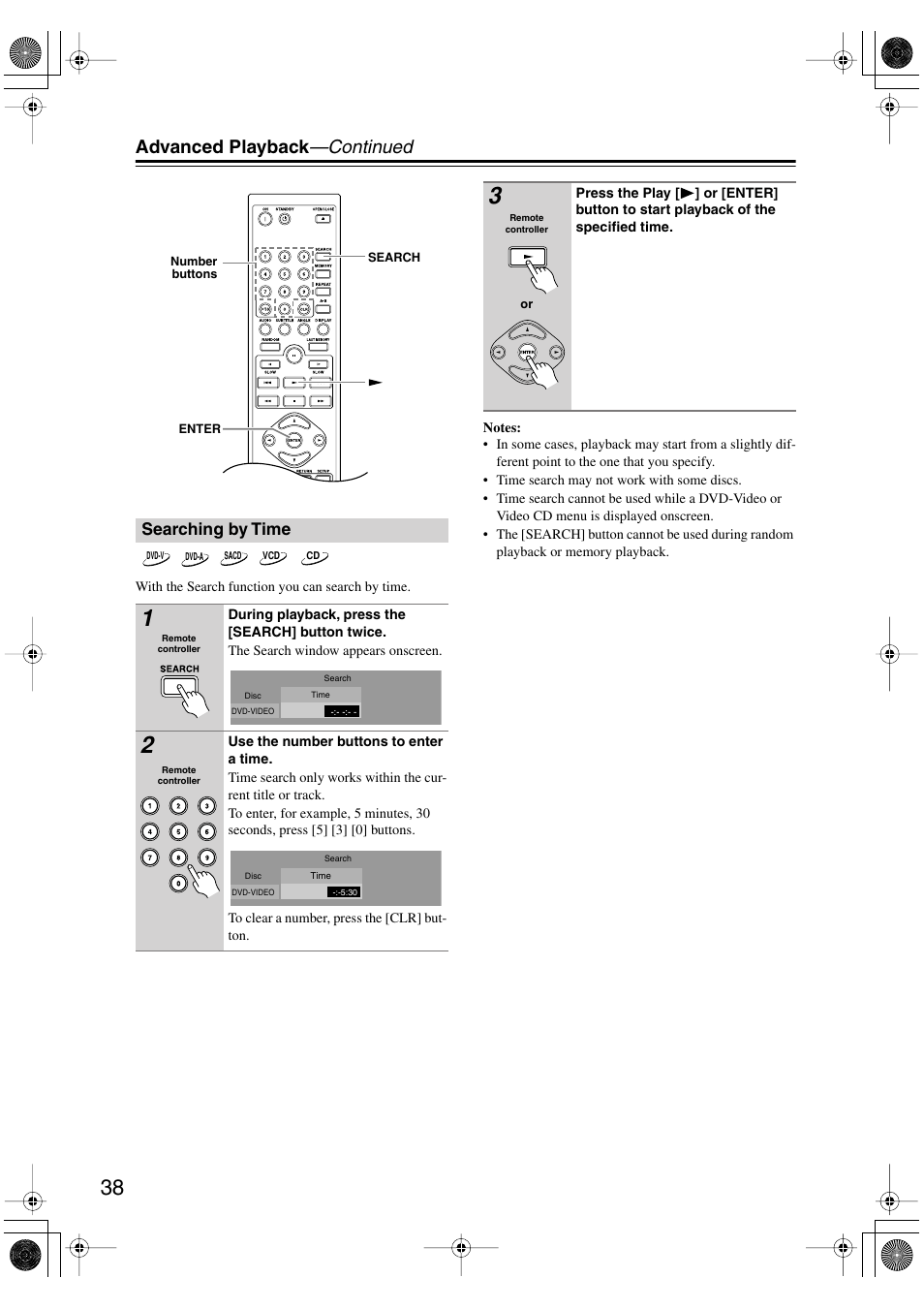 Searching by time, Advanced playback —continued | Onkyo DV-SP506 User Manual | Page 38 / 68