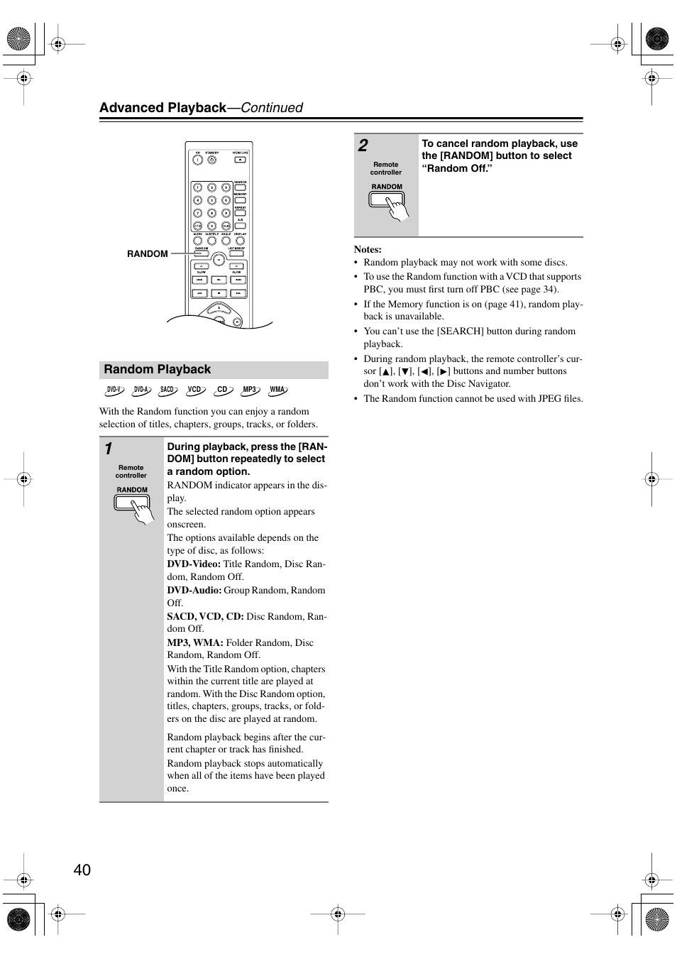 Random playback, Utton [40, Advanced playback —continued | Onkyo DV-SP506 User Manual | Page 40 / 68
