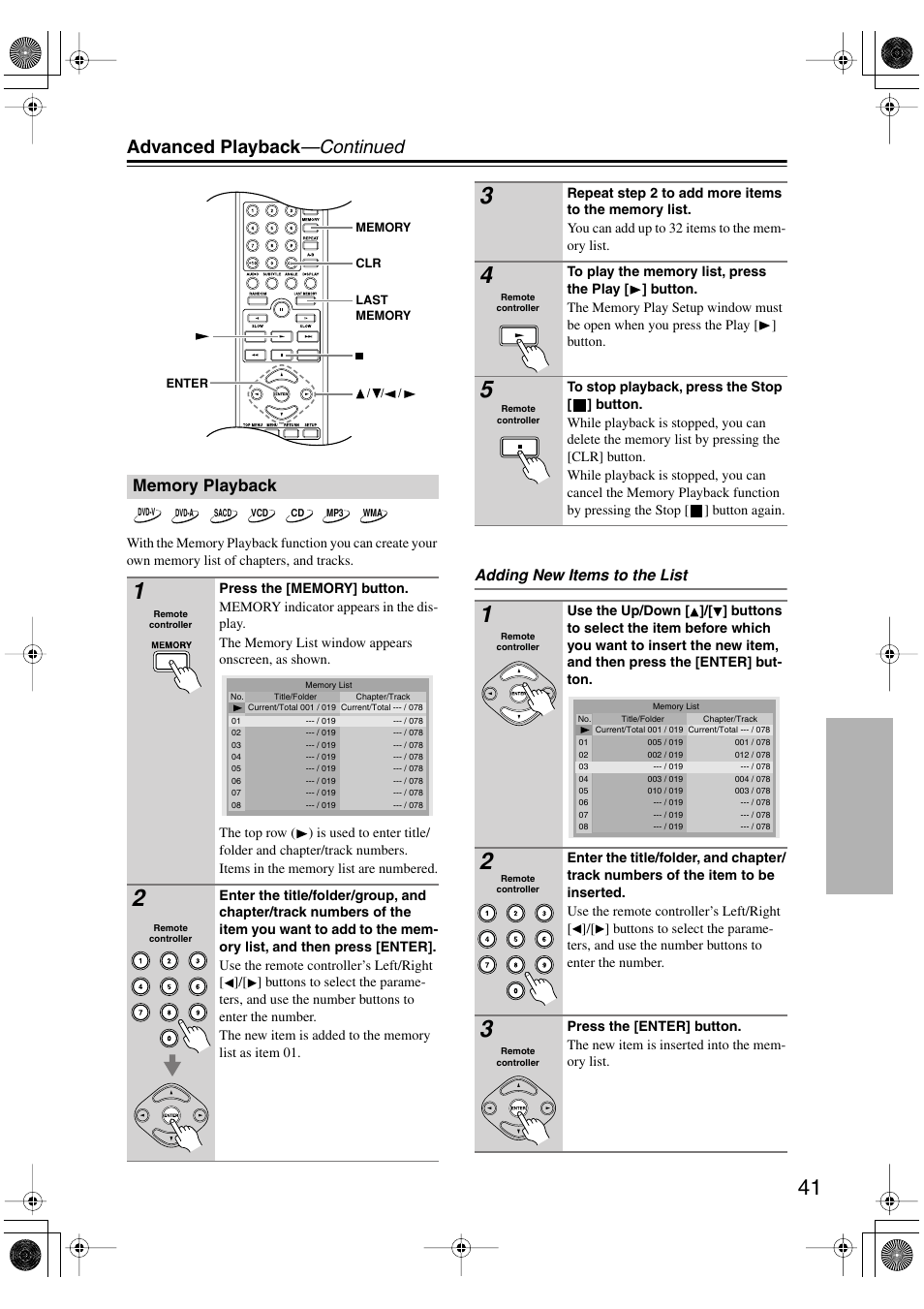Memory playback, Utton [41, Advanced playback —continued | Adding new items to the list | Onkyo DV-SP506 User Manual | Page 41 / 68