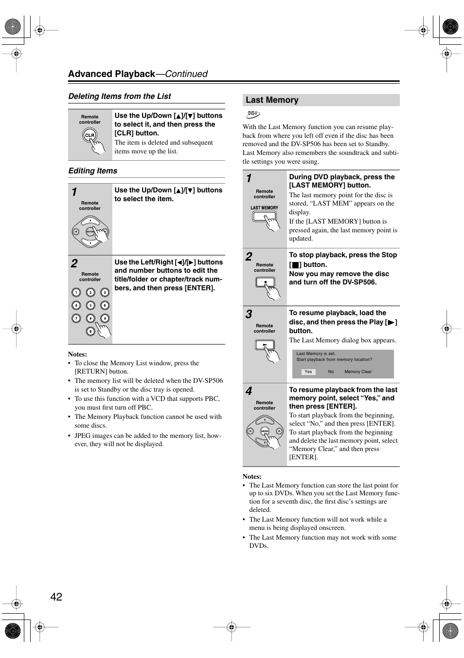 Last memory, Utton [42, Advanced playback —continued | Onkyo DV-SP506 User Manual | Page 42 / 68