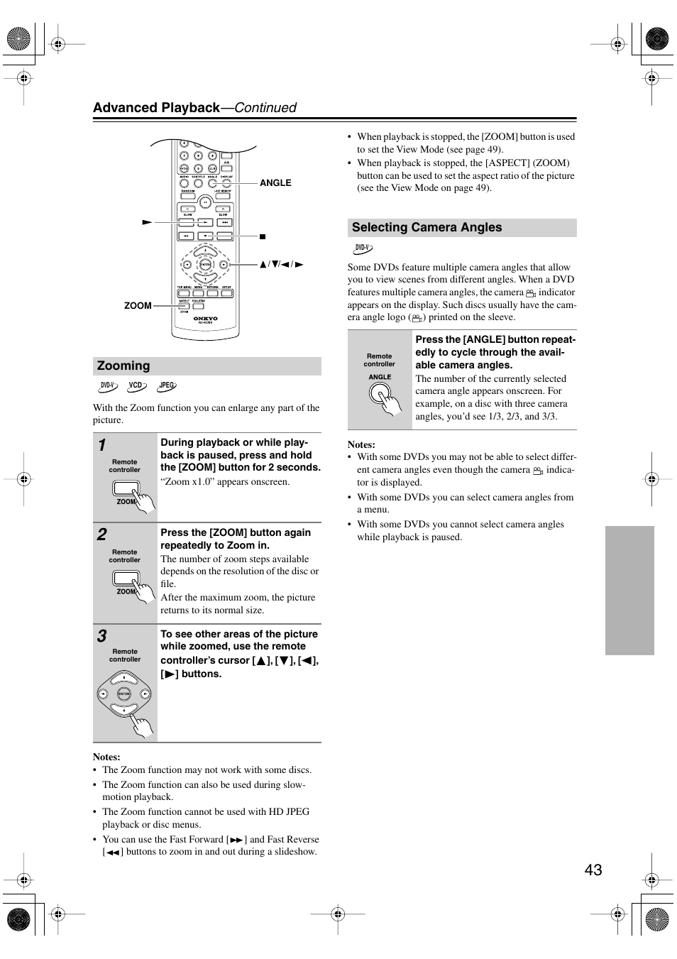 Zooming, Selecting camera angles, Zooming selecting camera angles | Utton [43, Advanced playback —continued | Onkyo DV-SP506 User Manual | Page 43 / 68