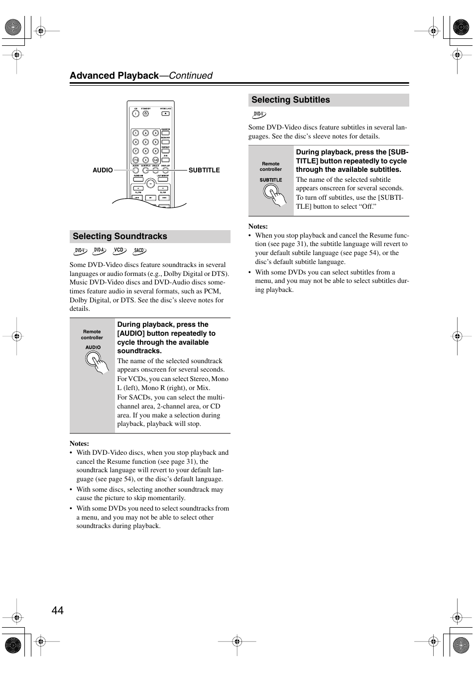 Selecting soundtracks, Selecting subtitles, Selecting soundtracks selecting subtitles | Utton [44, Advanced playback —continued | Onkyo DV-SP506 User Manual | Page 44 / 68