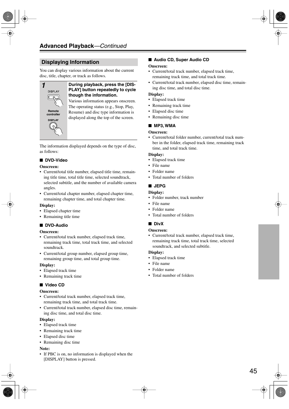 Displaying information, Utton [45, Advanced playback —continued | Onkyo DV-SP506 User Manual | Page 45 / 68