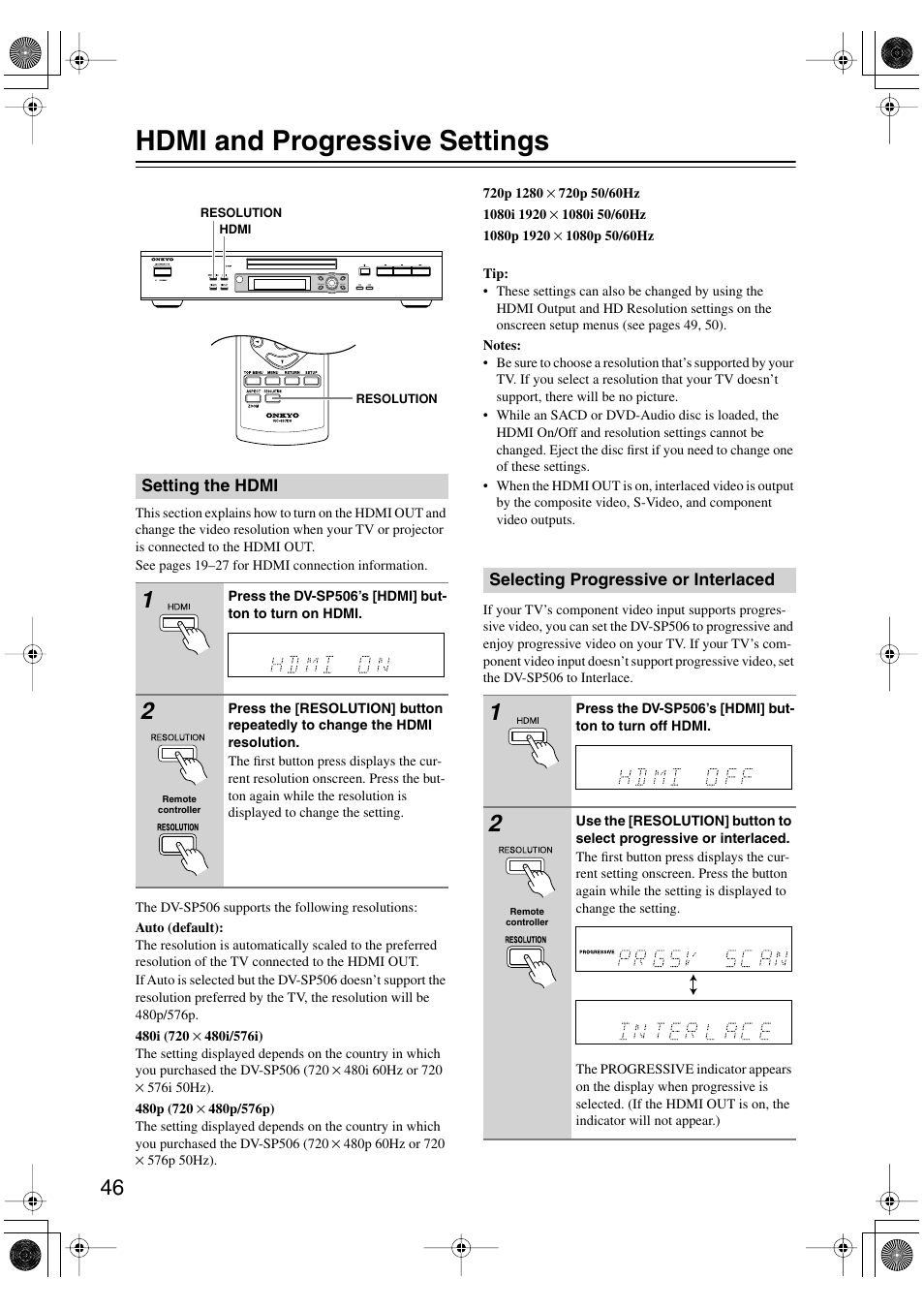 Hdmi and progressive settings, Setting the hdmi, Selecting progressive or interlaced | Detailed settings, Utton [46, Hdmi indicator [46 | Onkyo DV-SP506 User Manual | Page 46 / 68