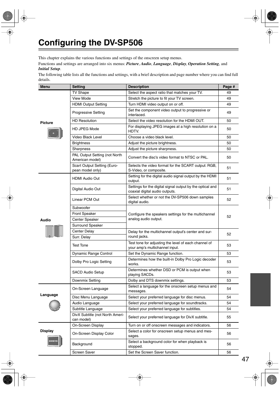 Configuring the dvsp506, Configuring the dv-sp506 | Onkyo DV-SP506 User Manual | Page 47 / 68