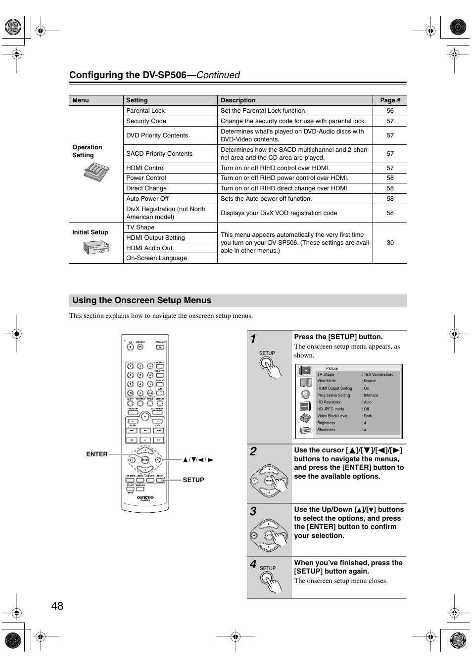 Using the onscreen setup menus, Uttons [48, Utton [48 | Configuring the dv-sp506 —continued | Onkyo DV-SP506 User Manual | Page 48 / 68