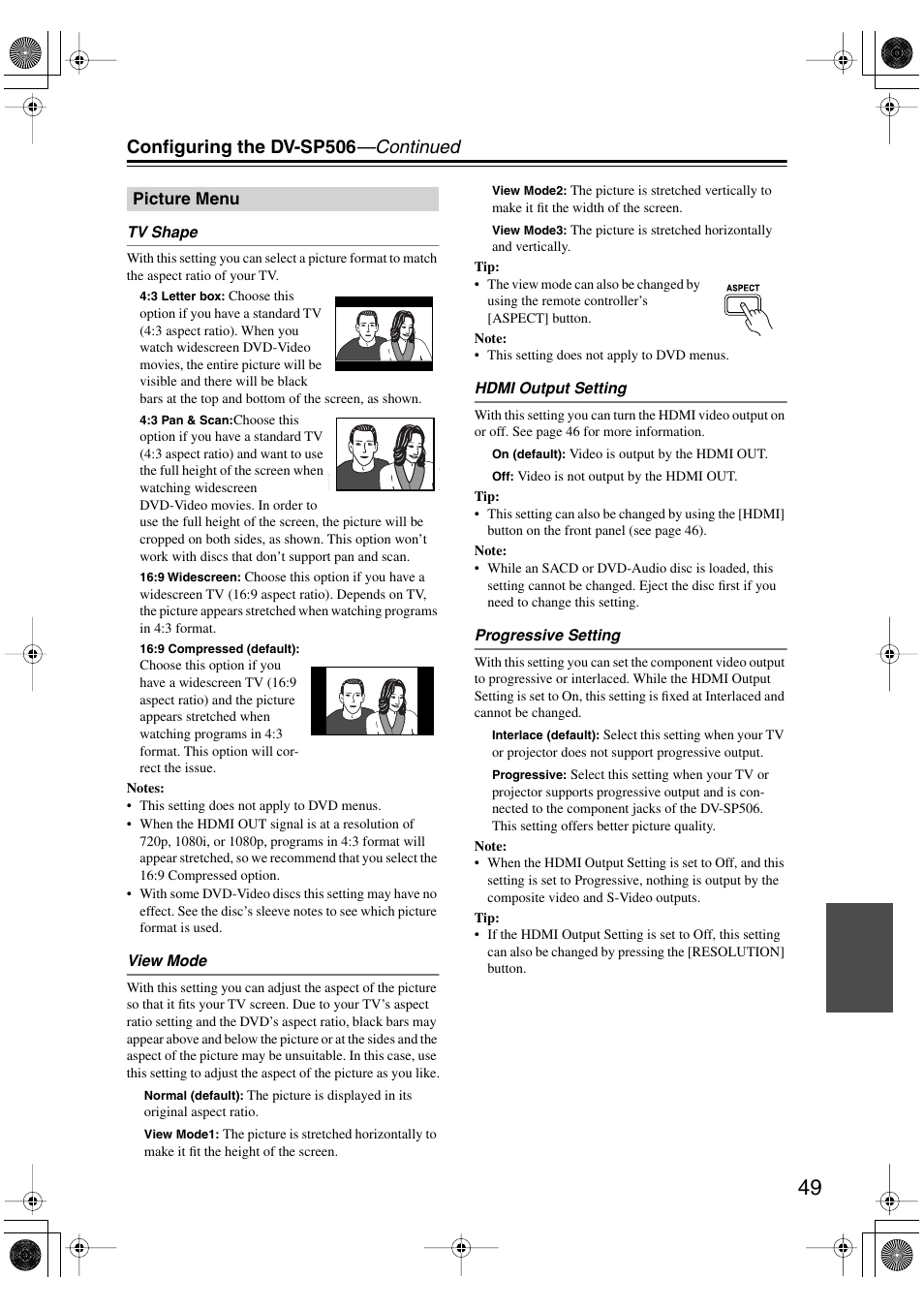 Picture menu, Configuring the dv-sp506 —continued | Onkyo DV-SP506 User Manual | Page 49 / 68