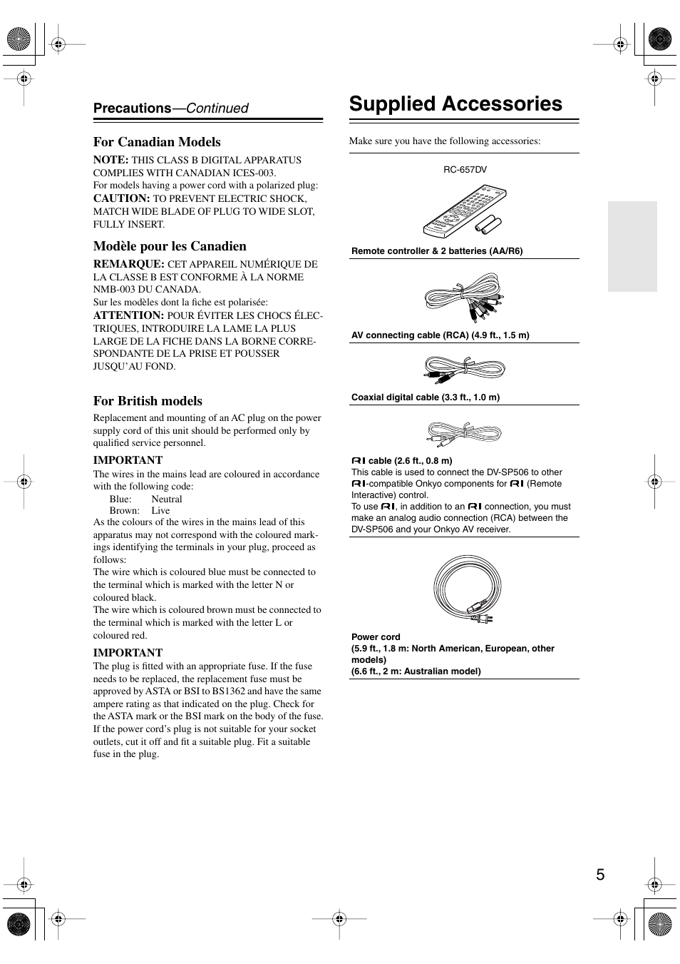 Supplied accessories, Precautions —continued for canadian models, Modèle pour les canadien | For british models | Onkyo DV-SP506 User Manual | Page 5 / 68