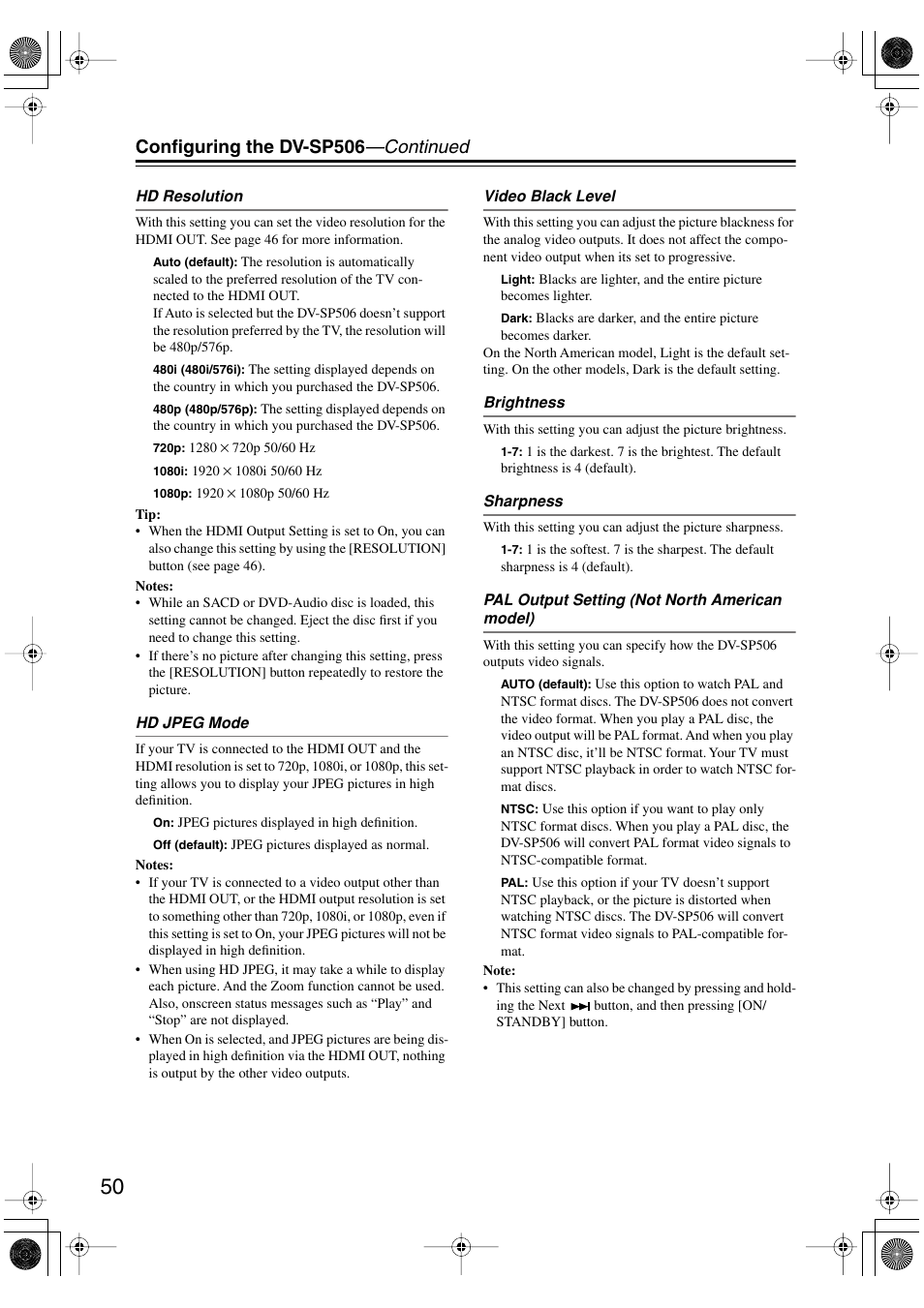 Configuring the dv-sp506 —continued | Onkyo DV-SP506 User Manual | Page 50 / 68