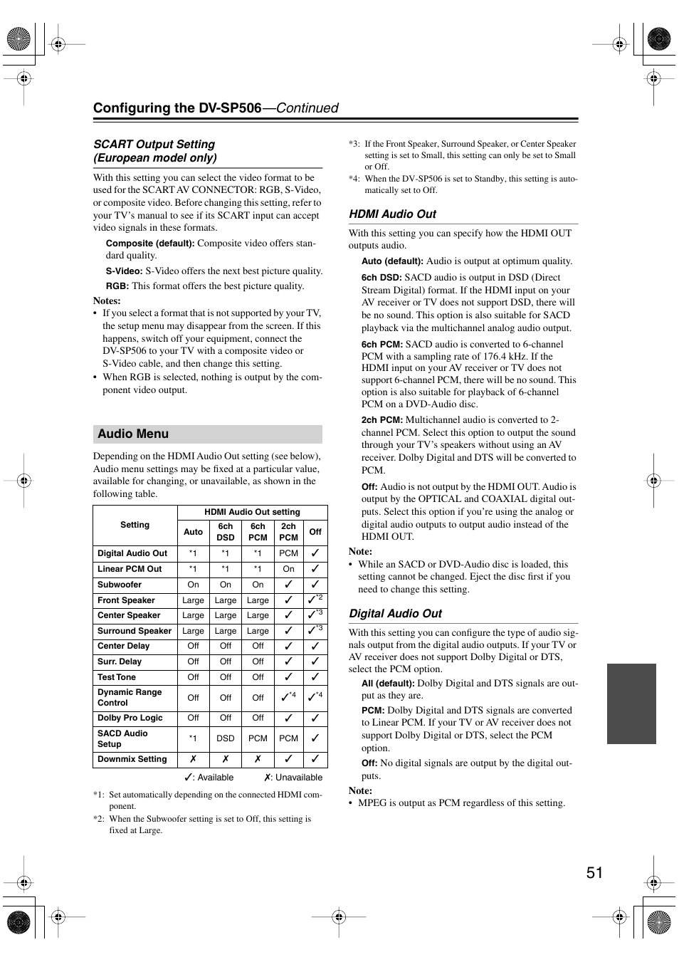 Audio menu, Configuring the dv-sp506 —continued | Onkyo DV-SP506 User Manual | Page 51 / 68