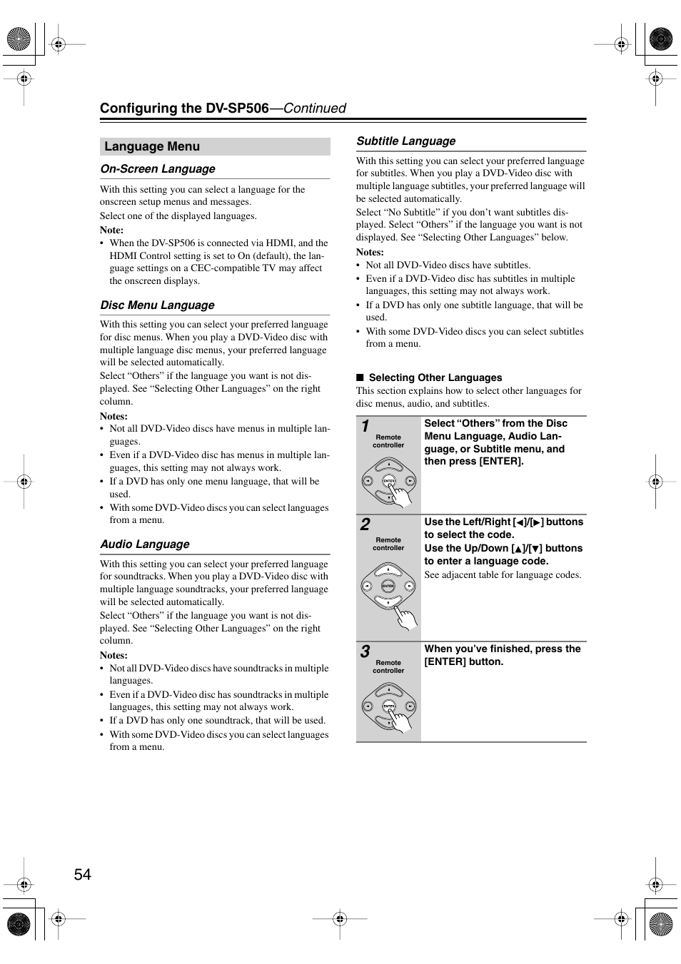 Language menu, Configuring the dv-sp506 —continued | Onkyo DV-SP506 User Manual | Page 54 / 68