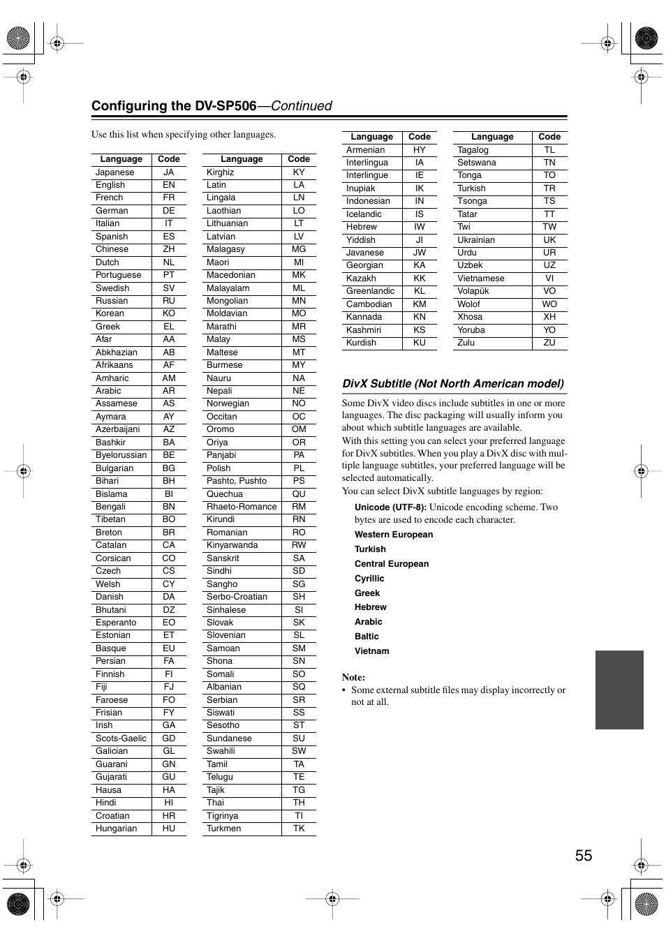 Configuring the dv-sp506 —continued, Divx subtitle (not north american model) | Onkyo DV-SP506 User Manual | Page 55 / 68