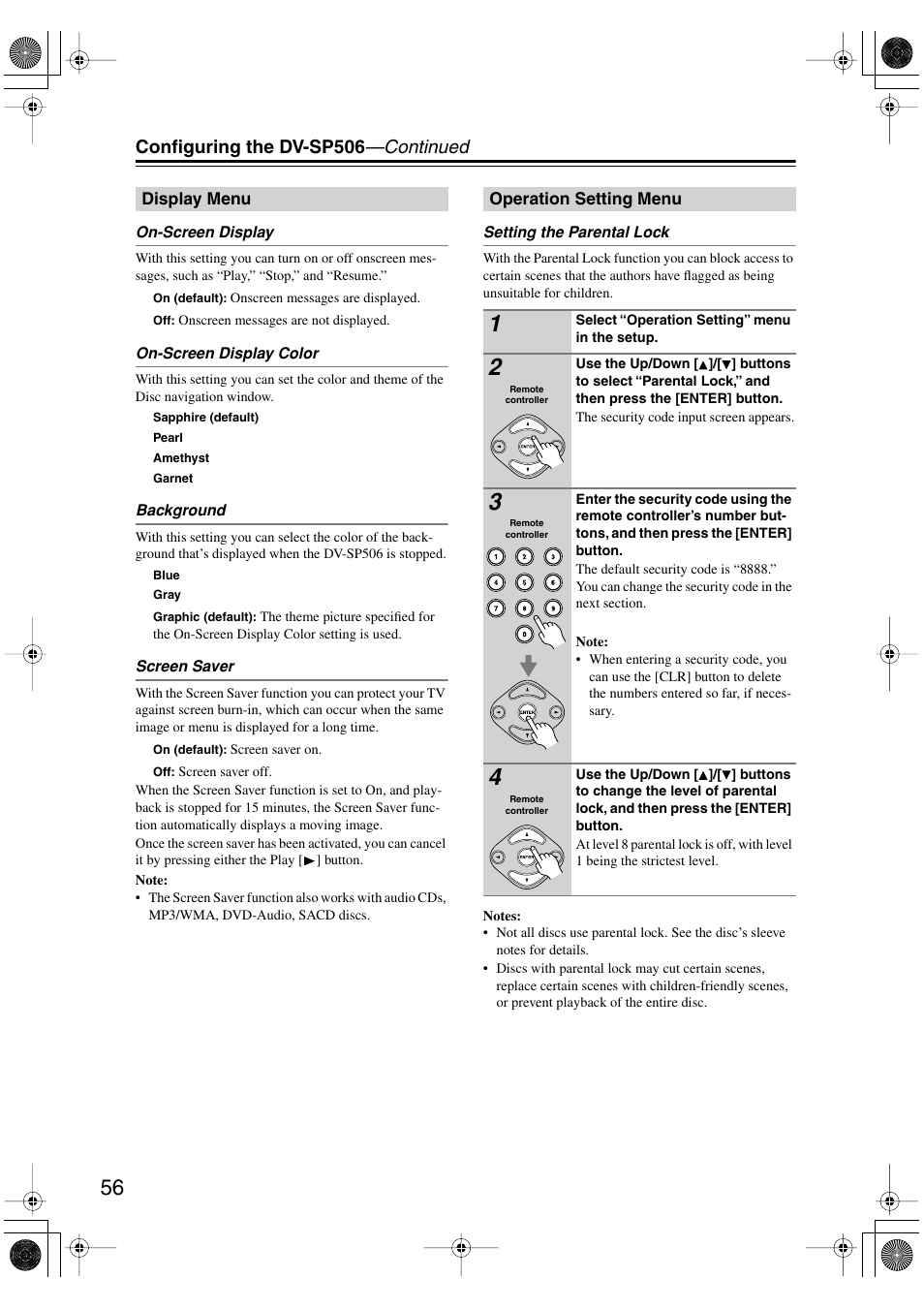 Display menu, Operation setting menu, Display menu operation setting menu | Configuring the dv-sp506 —continued | Onkyo DV-SP506 User Manual | Page 56 / 68