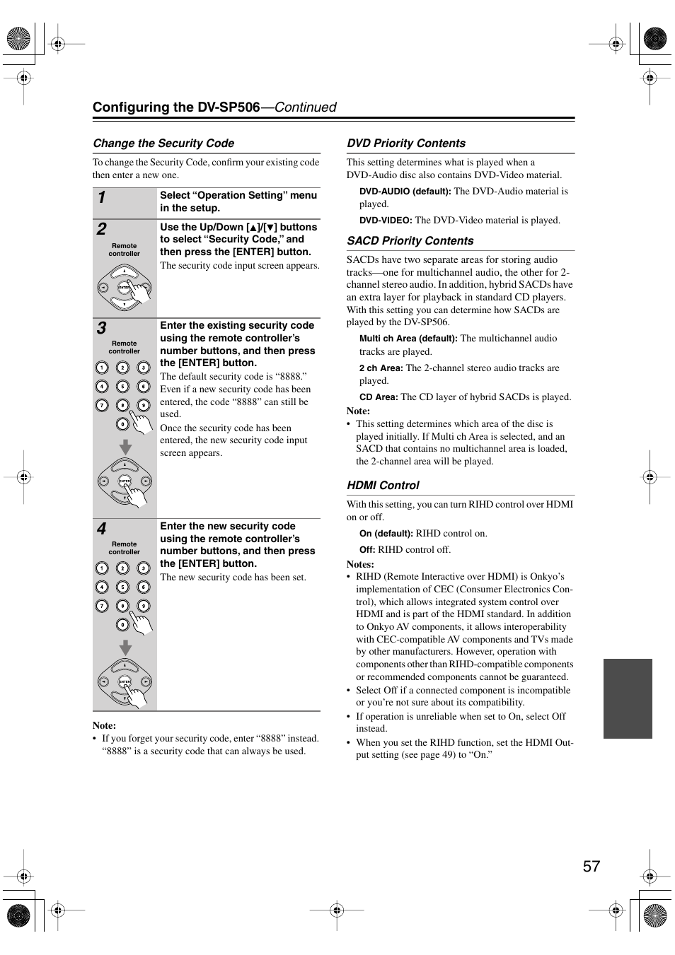 Configuring the dv-sp506 —continued | Onkyo DV-SP506 User Manual | Page 57 / 68