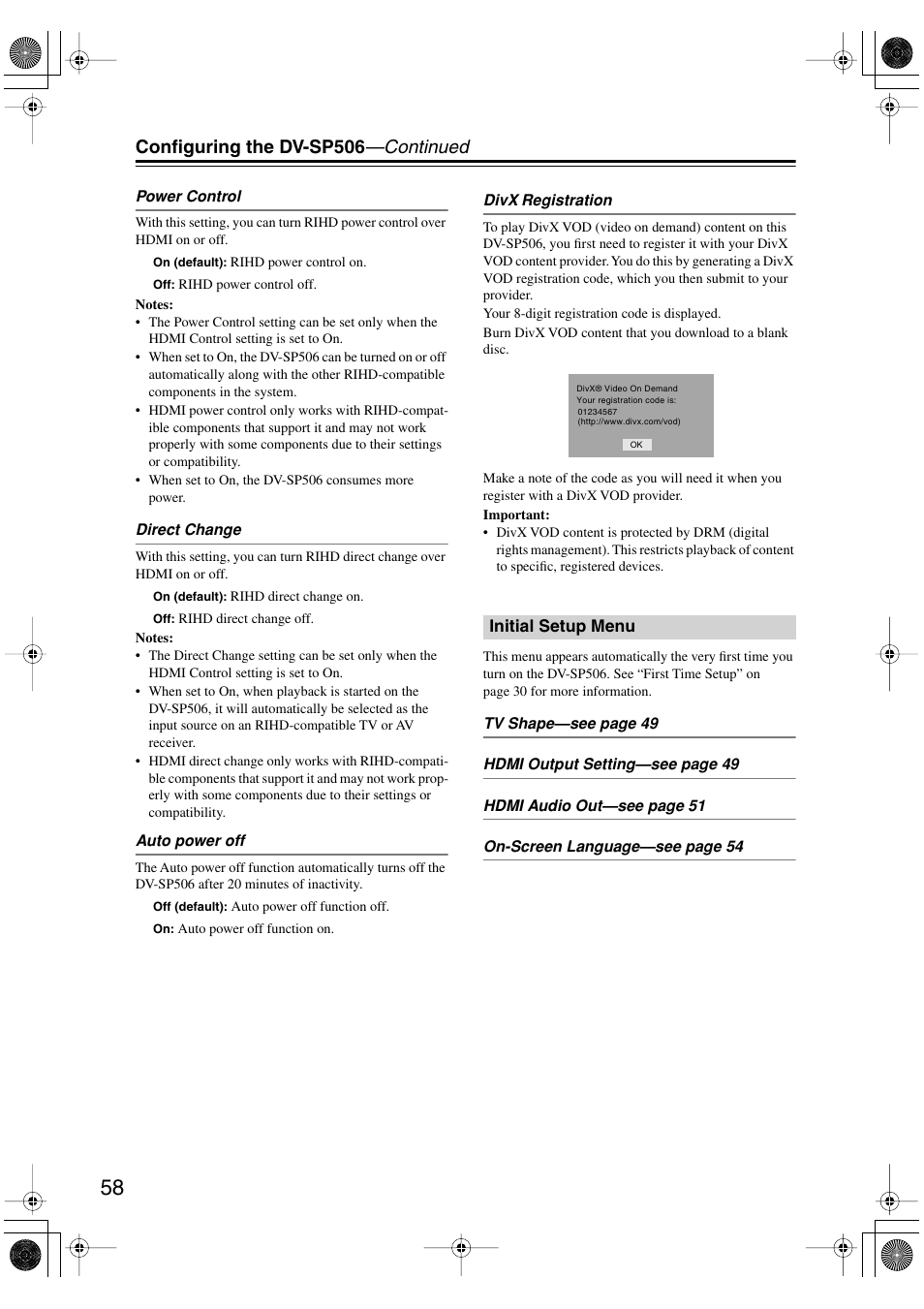 Initial setup menu, Configuring the dv-sp506 —continued | Onkyo DV-SP506 User Manual | Page 58 / 68