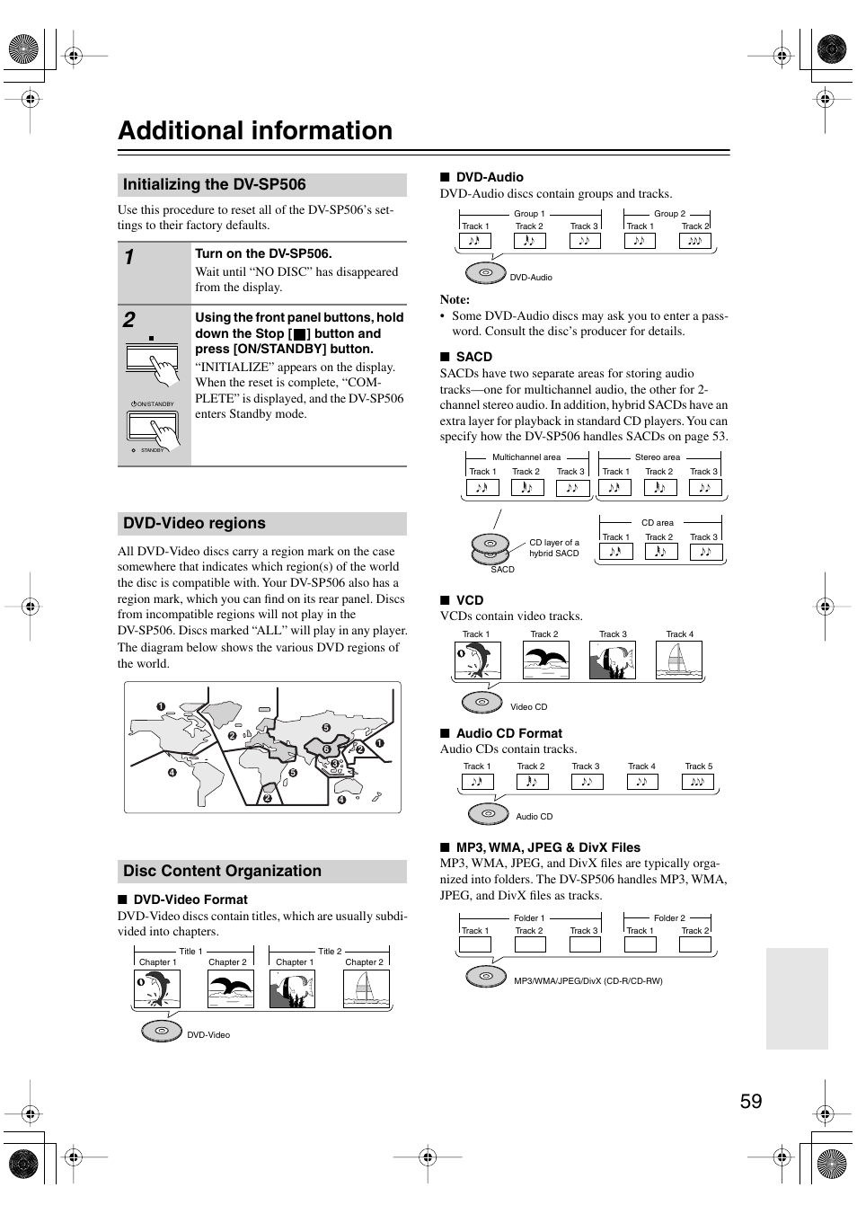 Additional information, Initializing the dvsp506, Dvd-video regions | Disc content organization, Miscellaneous information, Initializing the dv-sp506, Dvd-video regions disc content organization | Onkyo DV-SP506 User Manual | Page 59 / 68
