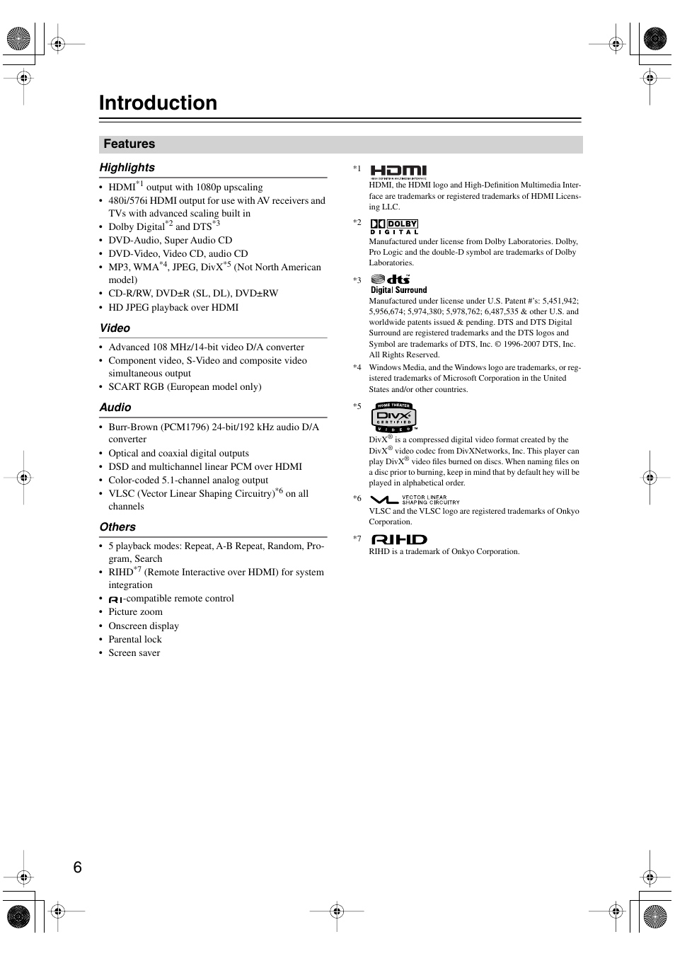 Introduction, Features | Onkyo DV-SP506 User Manual | Page 6 / 68