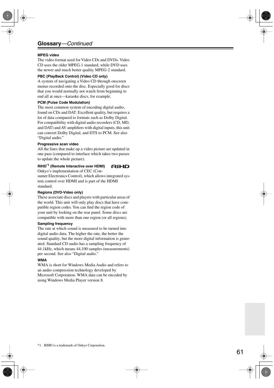 Glossary —continued | Onkyo DV-SP506 User Manual | Page 61 / 68