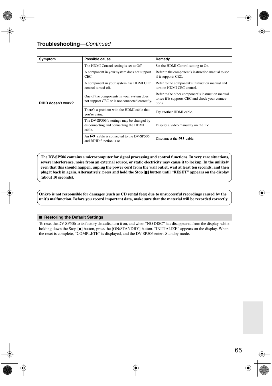 Troubleshooting —continued | Onkyo DV-SP506 User Manual | Page 65 / 68