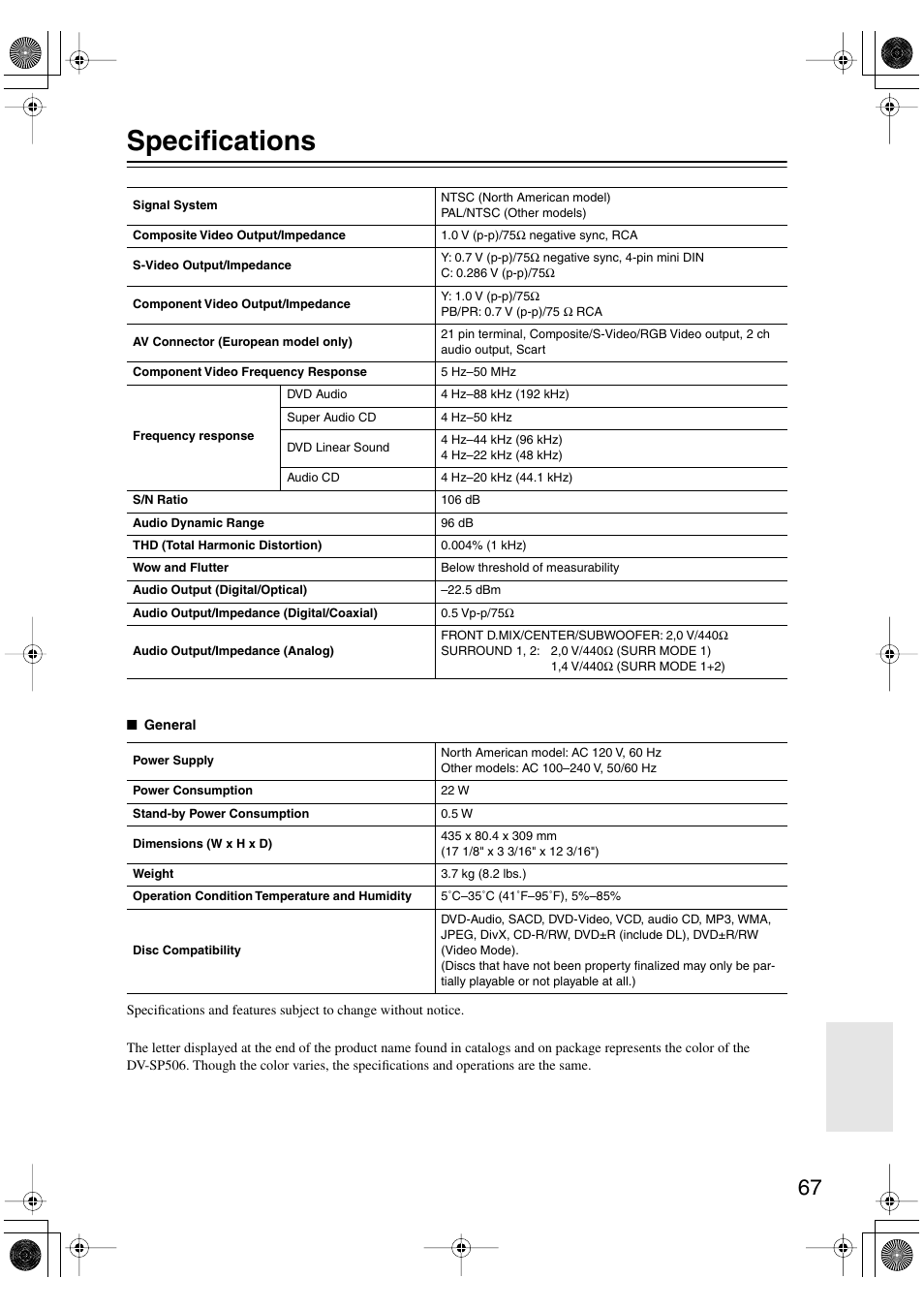Specifications | Onkyo DV-SP506 User Manual | Page 67 / 68