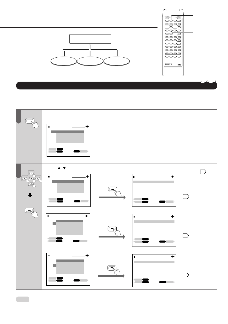 Customizing the function settings, Displaying the set up menu screen, Press set up during stop | Press / to select the category, then press enter, Set up menu, The set up menu screen appears | Onkyo DV-S501 User Manual | Page 30 / 44