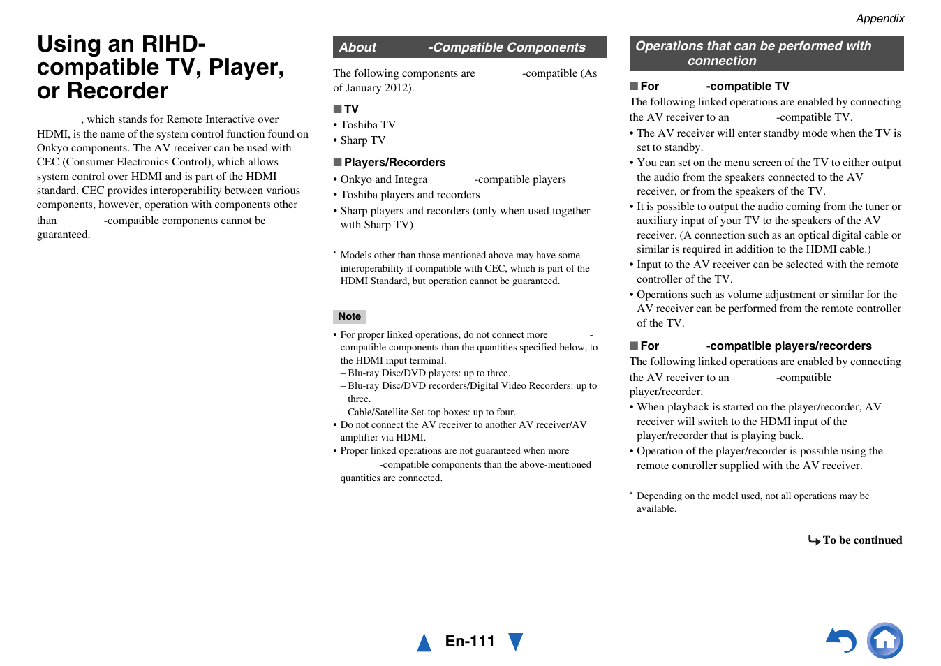 Using an rihd-compatible tv, player, or recorder, Using an rihd-compatible tv, player, Or recorder | Using an rihd- compatible tv, player, or recorder, En-111 | Onkyo Network A/V Receiver TX-NR1010 User Manual | Page 111 / 164