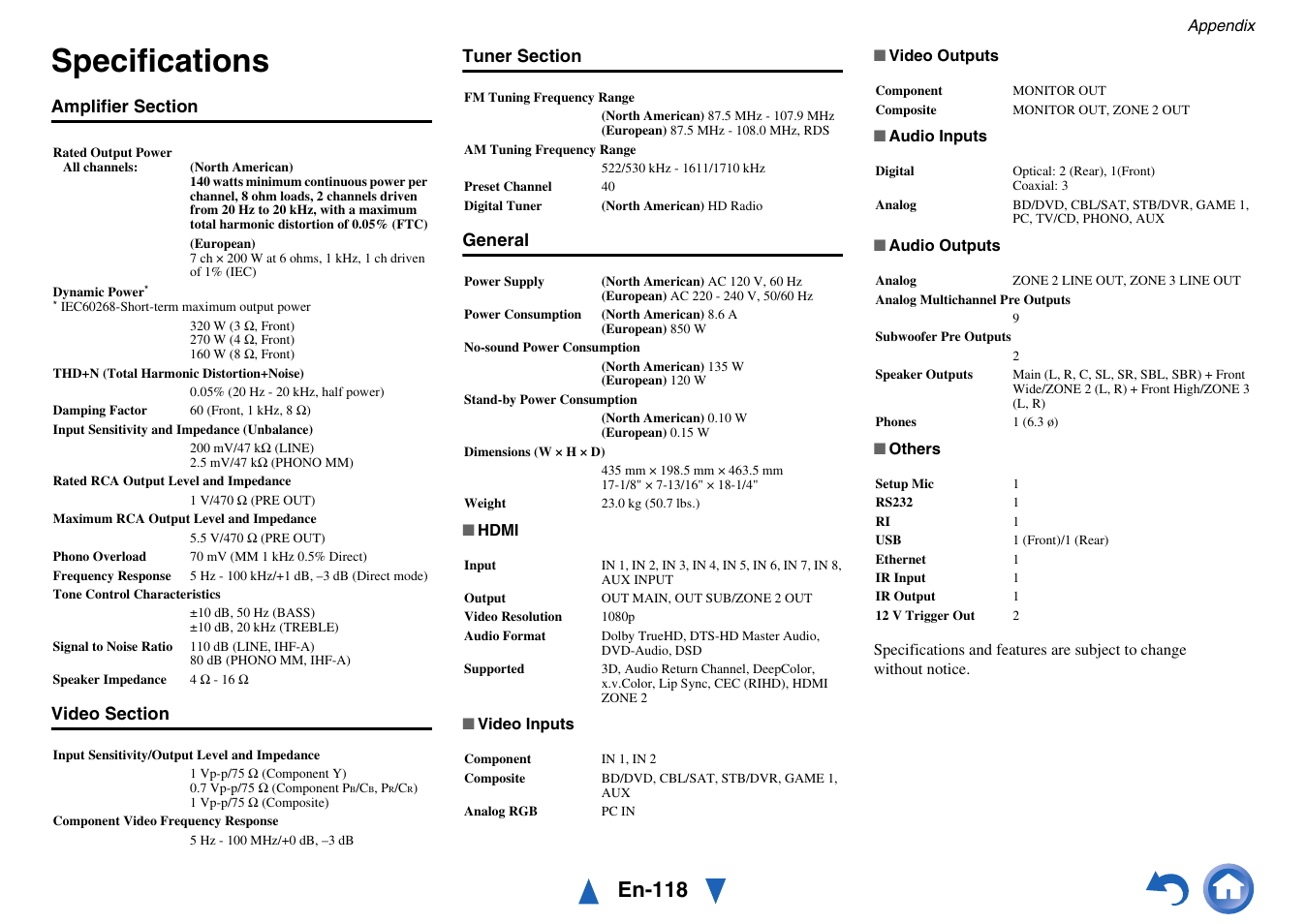 Specifications, En-118 | Onkyo Network A/V Receiver TX-NR1010 User Manual | Page 118 / 164
