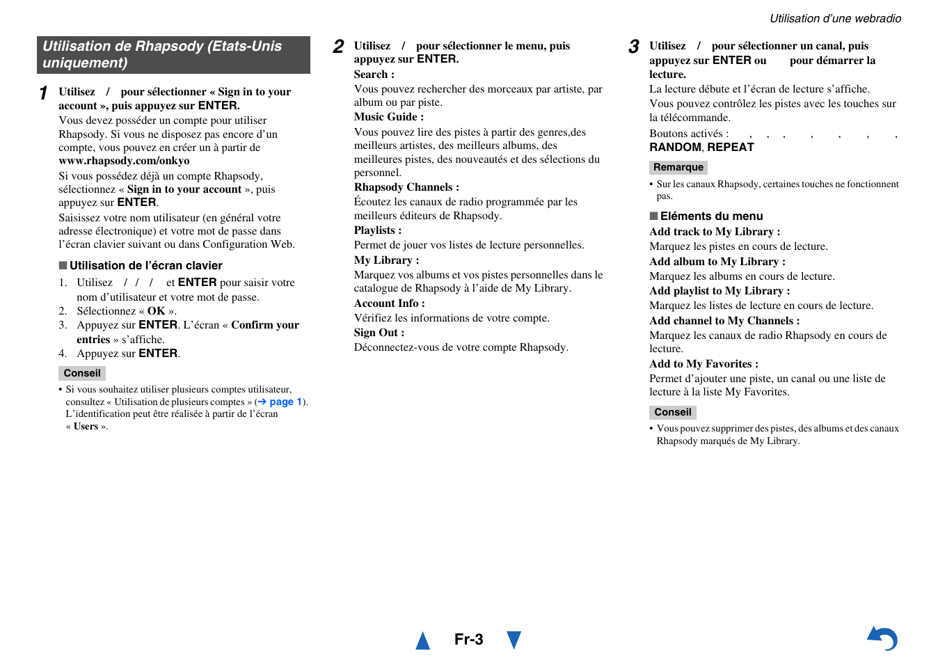 Utilisation de rhapsody (etats-unis uniquement), Utilisation de rhapsody (etats-unis, Uniquement) | Fr-3 | Onkyo Network A/V Receiver TX-NR1010 User Manual | Page 130 / 164