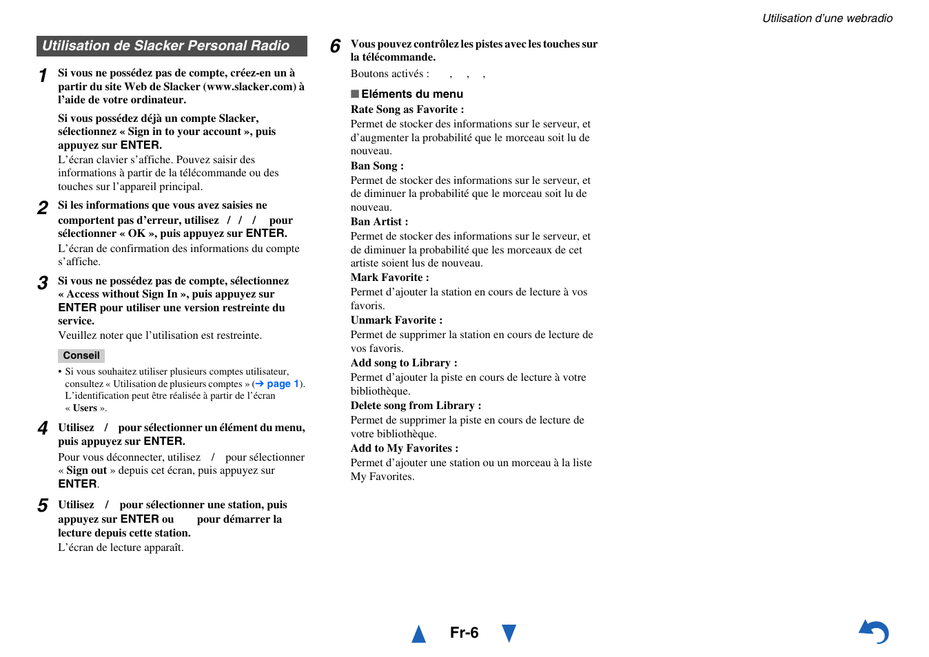 Utilisation de slacker personal radio | Onkyo Network A/V Receiver TX-NR1010 User Manual | Page 133 / 164