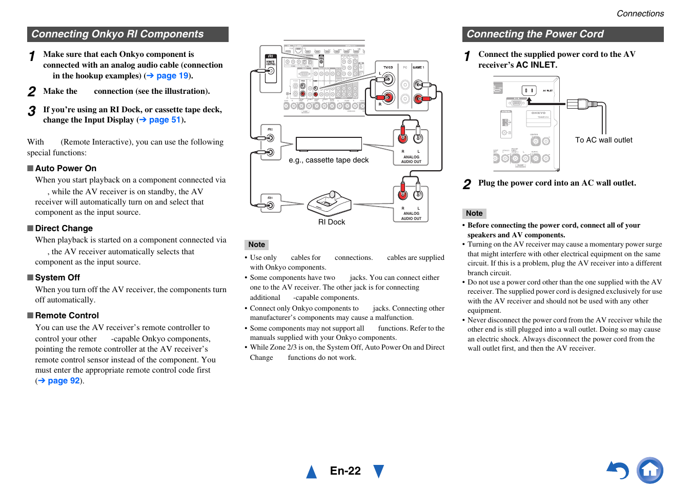 Connecting onkyo ri components, Connecting the power cord, En-22 | Onkyo Network A/V Receiver TX-NR1010 User Manual | Page 22 / 164