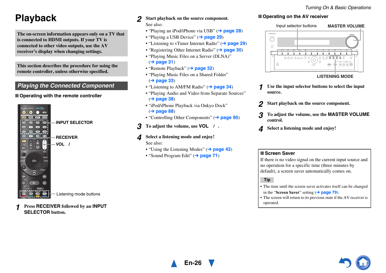 Playback, Playing the connected component | Onkyo Network A/V Receiver TX-NR1010 User Manual | Page 26 / 164