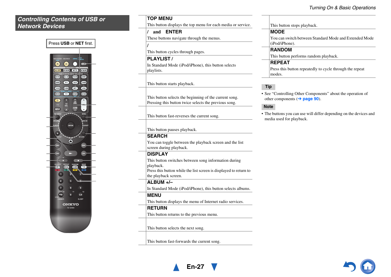 Controlling contents of usb or network devices, En-27 | Onkyo Network A/V Receiver TX-NR1010 User Manual | Page 27 / 164